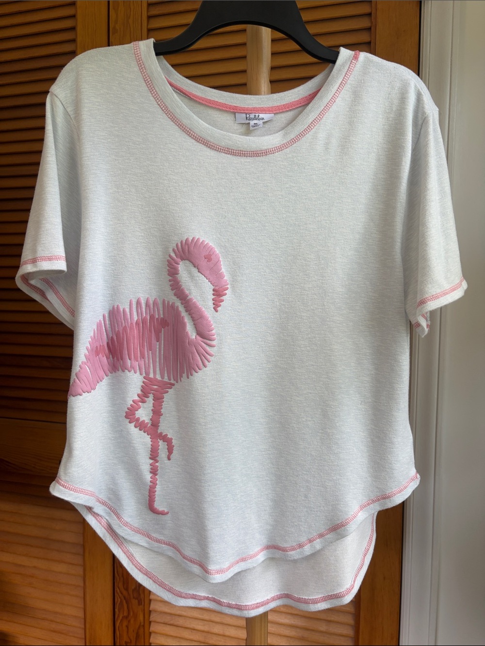 Roudelain Women’s XL Flamingo Puff Print Top Pink Contrast Stitch High-Low Hem